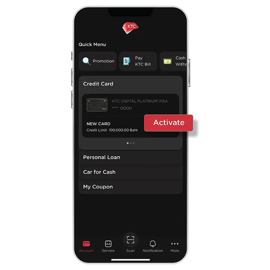 Select KTC Card<br> then select "Activate"