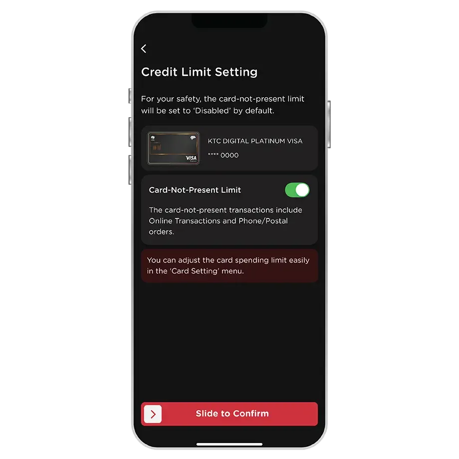 Enable the credit limit <br>and slide to confirm