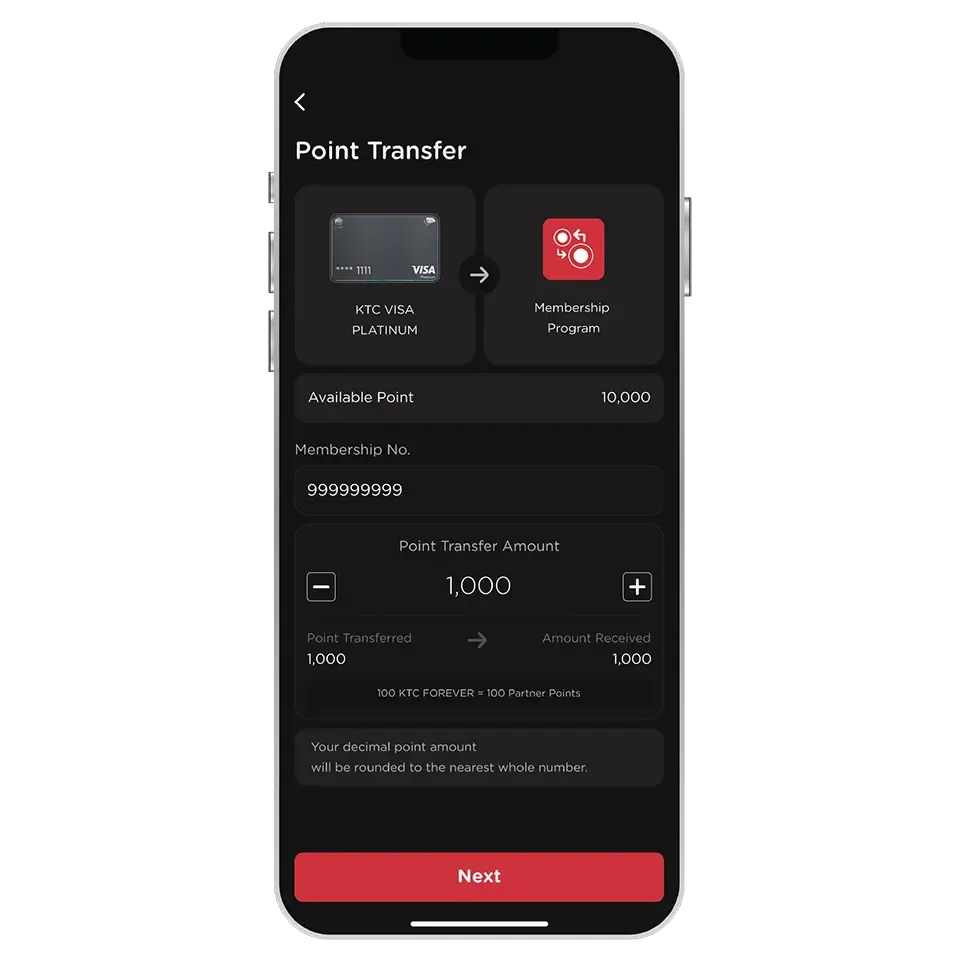 Enter membership no.<br> and point amount to<br> transfer then select “Next”